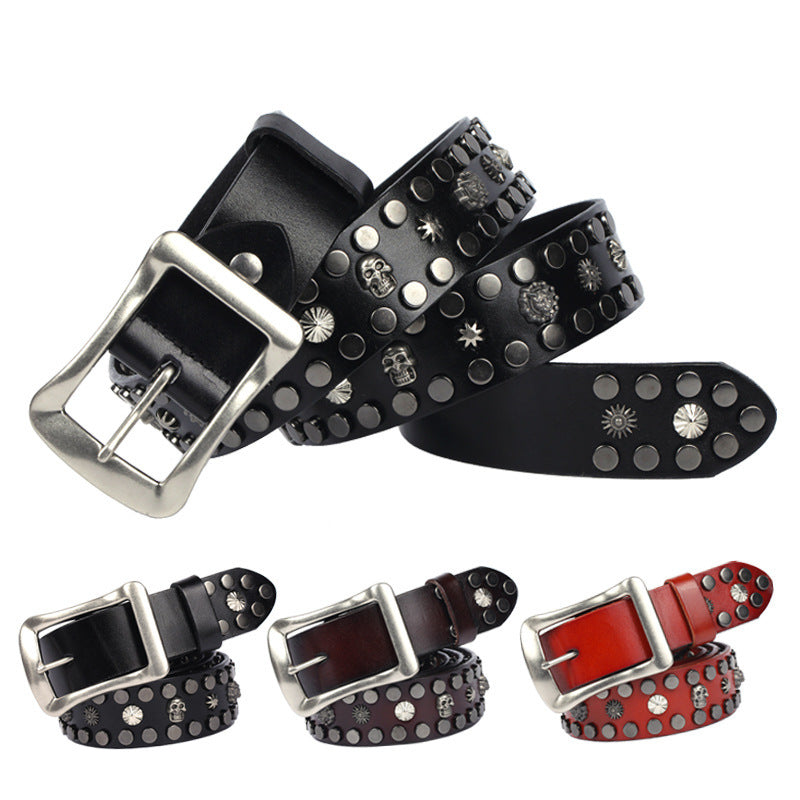 Men's Rivet Punk Genuine Leather Belt Nail Skull Head Japanese Buckle European And American Personalized Belt