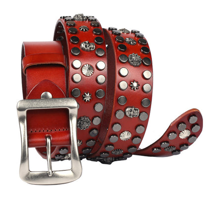 Men's Rivet Punk Genuine Leather Belt Nail Skull Head Japanese Buckle European And American Personalized Belt