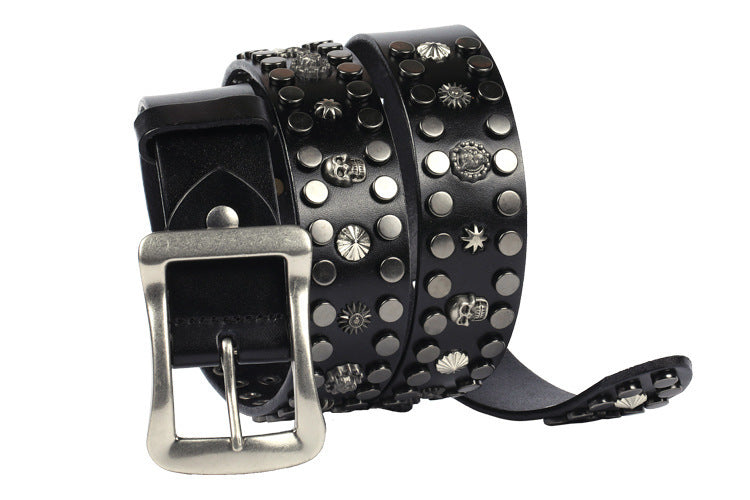 Men's Rivet Punk Genuine Leather Belt Nail Skull Head Japanese Buckle European And American Personalized Belt