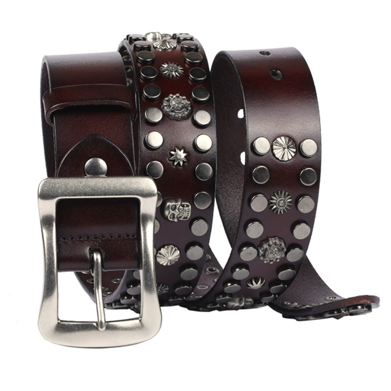 Men's Rivet Punk Genuine Leather Belt Nail Skull Head Japanese Buckle European And American Personalized Belt