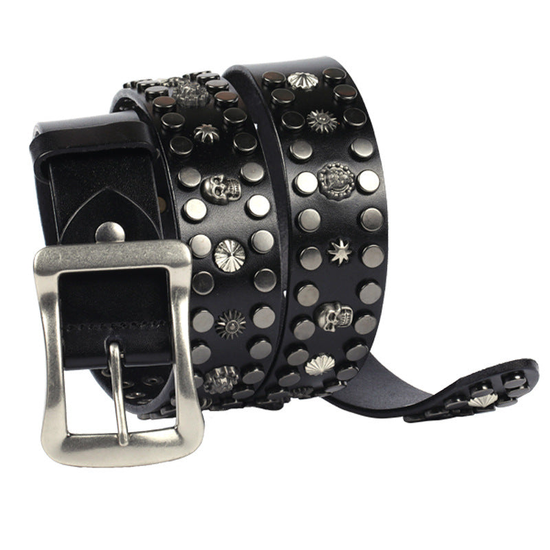 Men's Rivet Punk Genuine Leather Belt Nail Skull Head Japanese Buckle European And American Personalized Belt
