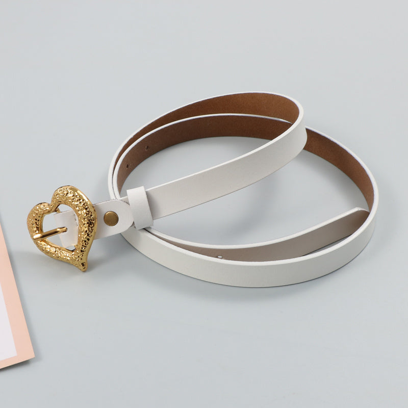 Gold Peach Heart Shape Buckle Top Layer Cowhide Leather Belt