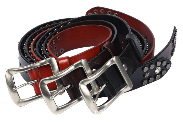Men's Rivet Punk Genuine Leather Belt Nail Skull Head Japanese Buckle European And American Personalized Belt