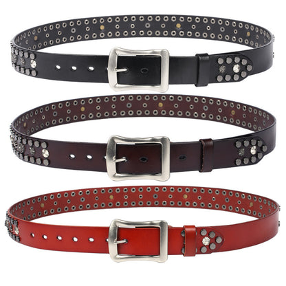 Men's Rivet Punk Genuine Leather Belt Nail Skull Head Japanese Buckle European And American Personalized Belt