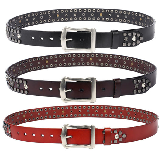Men's Rivet Punk Genuine Leather Belt Nail Skull Head Japanese Buckle European And American Personalized Belt