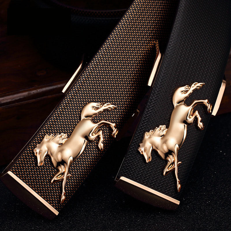 Men's Plate Belt Leather High-end 3D Golden Horse Smooth Inner Buckle