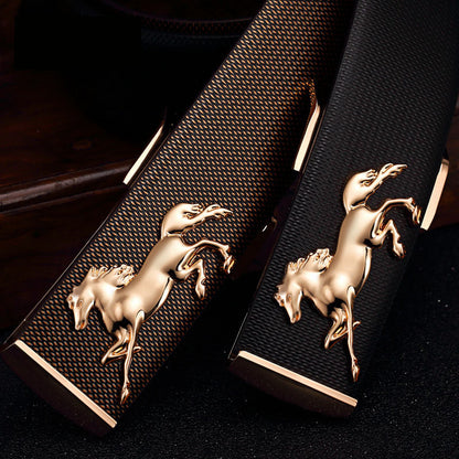 Men's Plate Belt Leather High-end 3D Golden Horse Smooth Inner Buckle