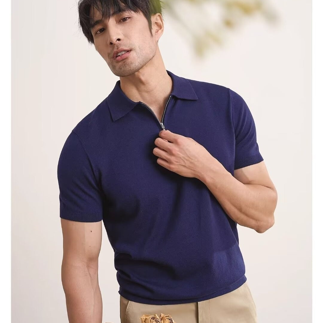 Light Luxury Zipper Polo Shirt Lapel Short Sleeve