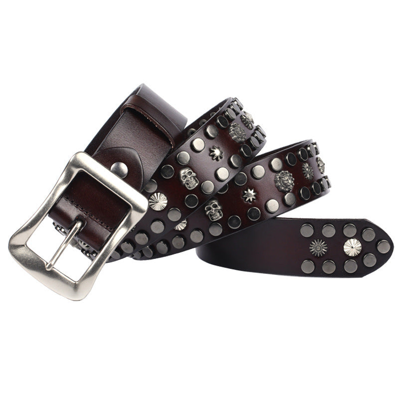 Men's Rivet Punk Genuine Leather Belt Nail Skull Head Japanese Buckle European And American Personalized Belt