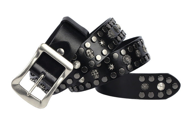 Men's Rivet Punk Genuine Leather Belt Nail Skull Head Japanese Buckle European And American Personalized Belt