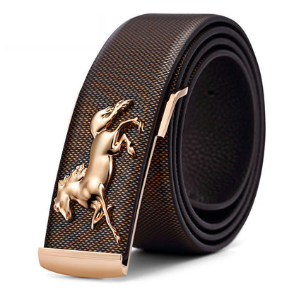Men's Plate Belt Leather High-end 3D Golden Horse Smooth Inner Buckle