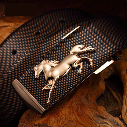 Men's Plate Belt Leather High-end 3D Golden Horse Smooth Inner Buckle