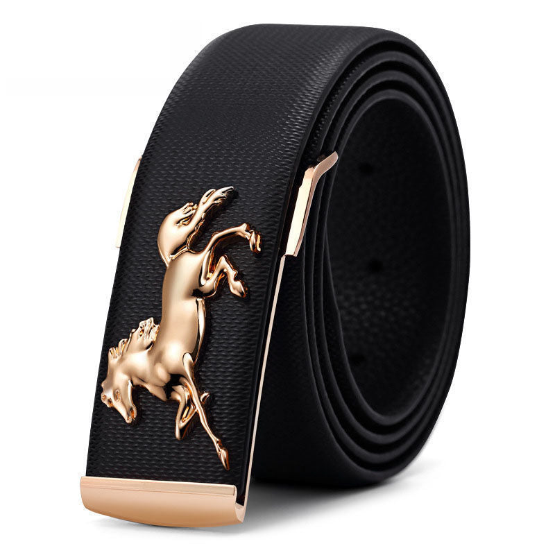 Men's Plate Belt Leather High-end 3D Golden Horse Smooth Inner Buckle